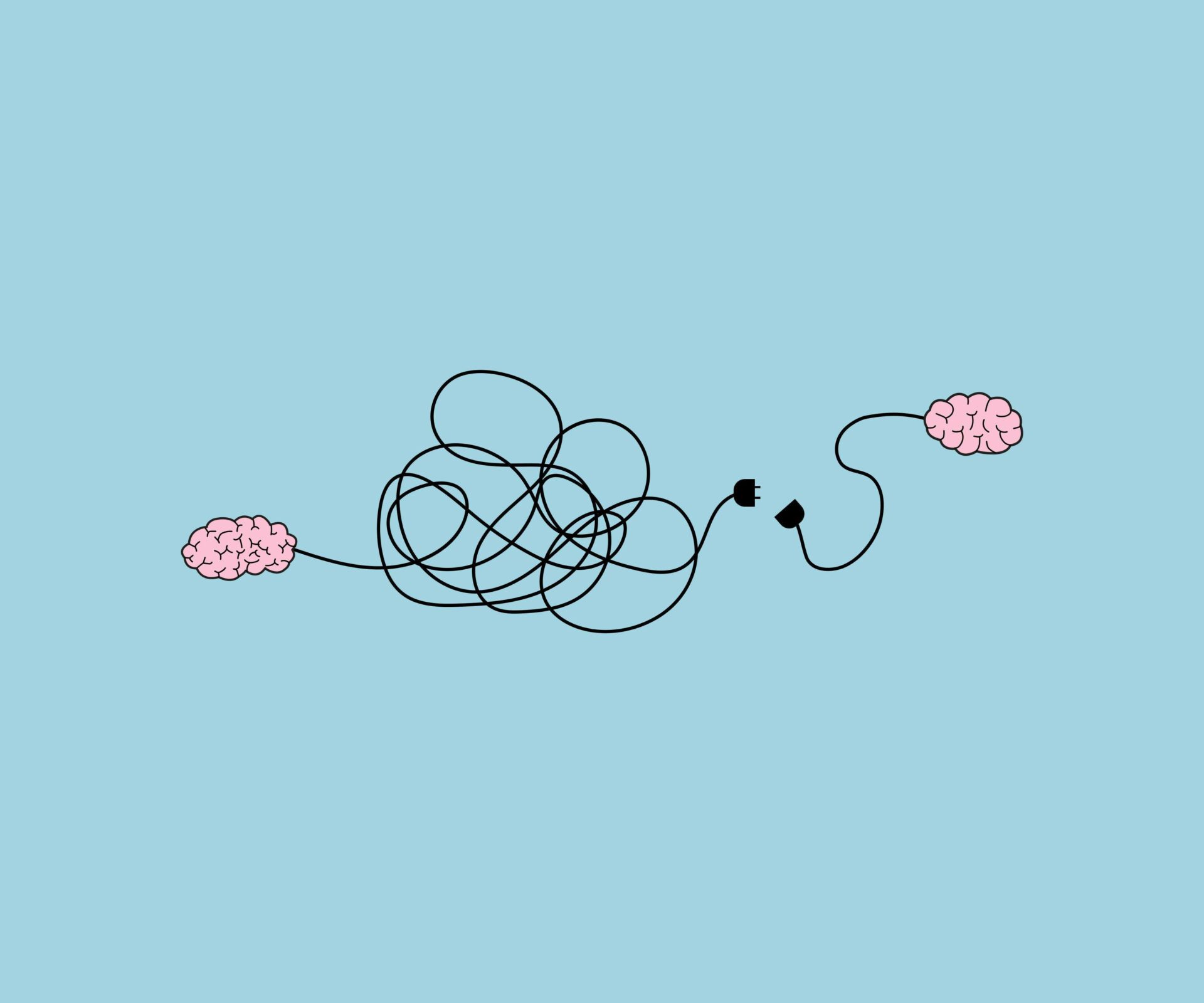 A drawing of two brains sitting on opposite sides of a light teal background. Each brain has a tangled wire extending out from it, but where the wires would meet they are unplugged.