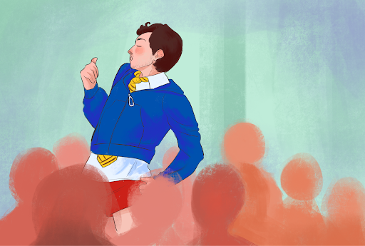 Illustration of Harry Styles dancing above an orange-toned colored crowd. He wears a blue zip-up jacket, a white collared shirt with a yellow tie, and red shorts, set against a teal background.