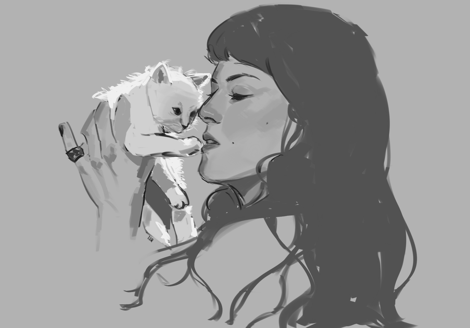 Grayscale illustration of Not for Radio — Maria Zardoya — holding a kitten close to her face. The kitten is reaching its paws out toward Zardoya's lips.