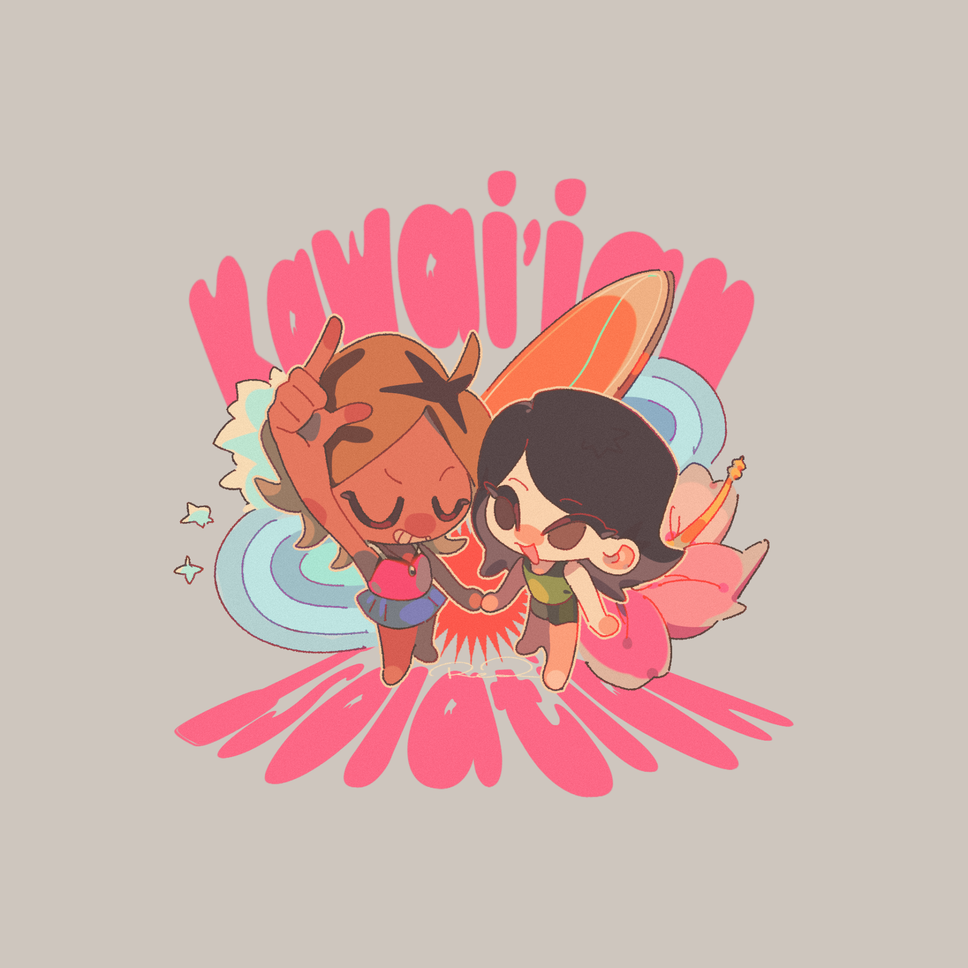 Two chibi-style girls hold hands and dance in the center of the image. One has tan skin and light-brown hair, wearing a red top and blue skirt, while the other has long dark hair and wears a green top with dark shorts. Large pink title text rises behind them, with flower petals, soft blue wave-like shapes and other tropical decorative elements surrounding the pair on a light background.