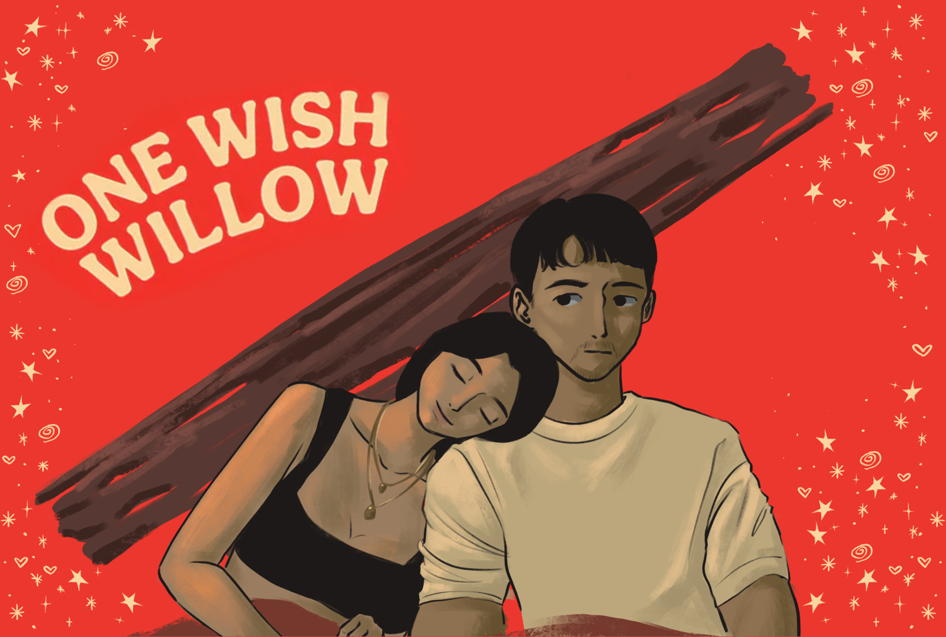 A woman leans her head on the man next to her. Behind them, there is a red background with a large stick pointing diagonally. In the top left, words read out 
