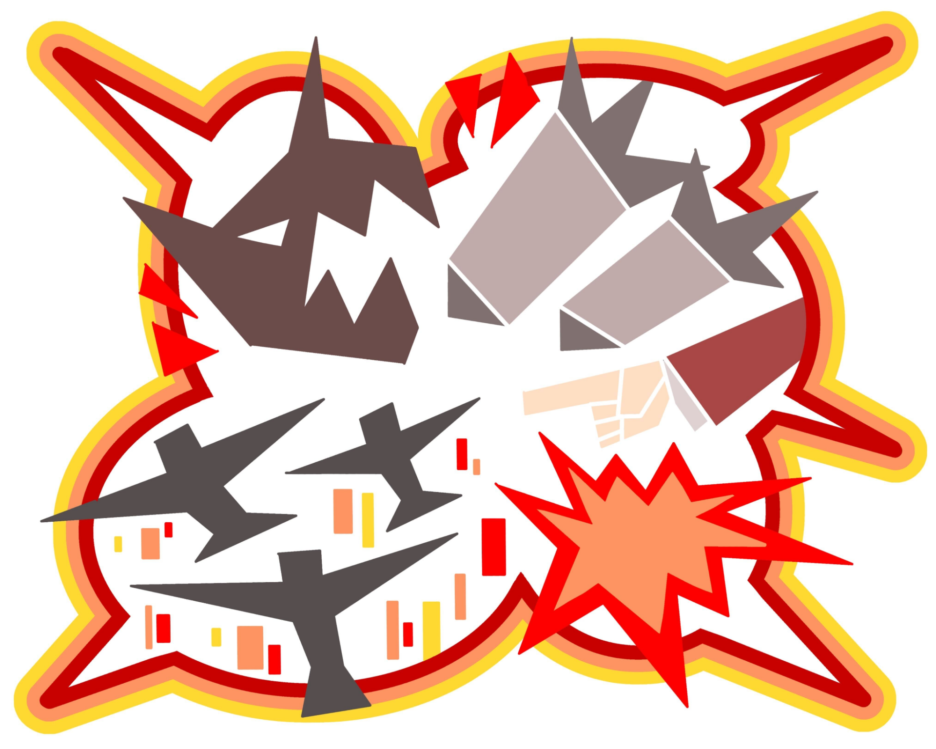 Abstract digital illustration featuring angular monster-like figures, aircraft silhouettes, fists and explosion bursts layered inside overlapping comic-style starbursts outlined in yellow, orange and red on a light gray background.