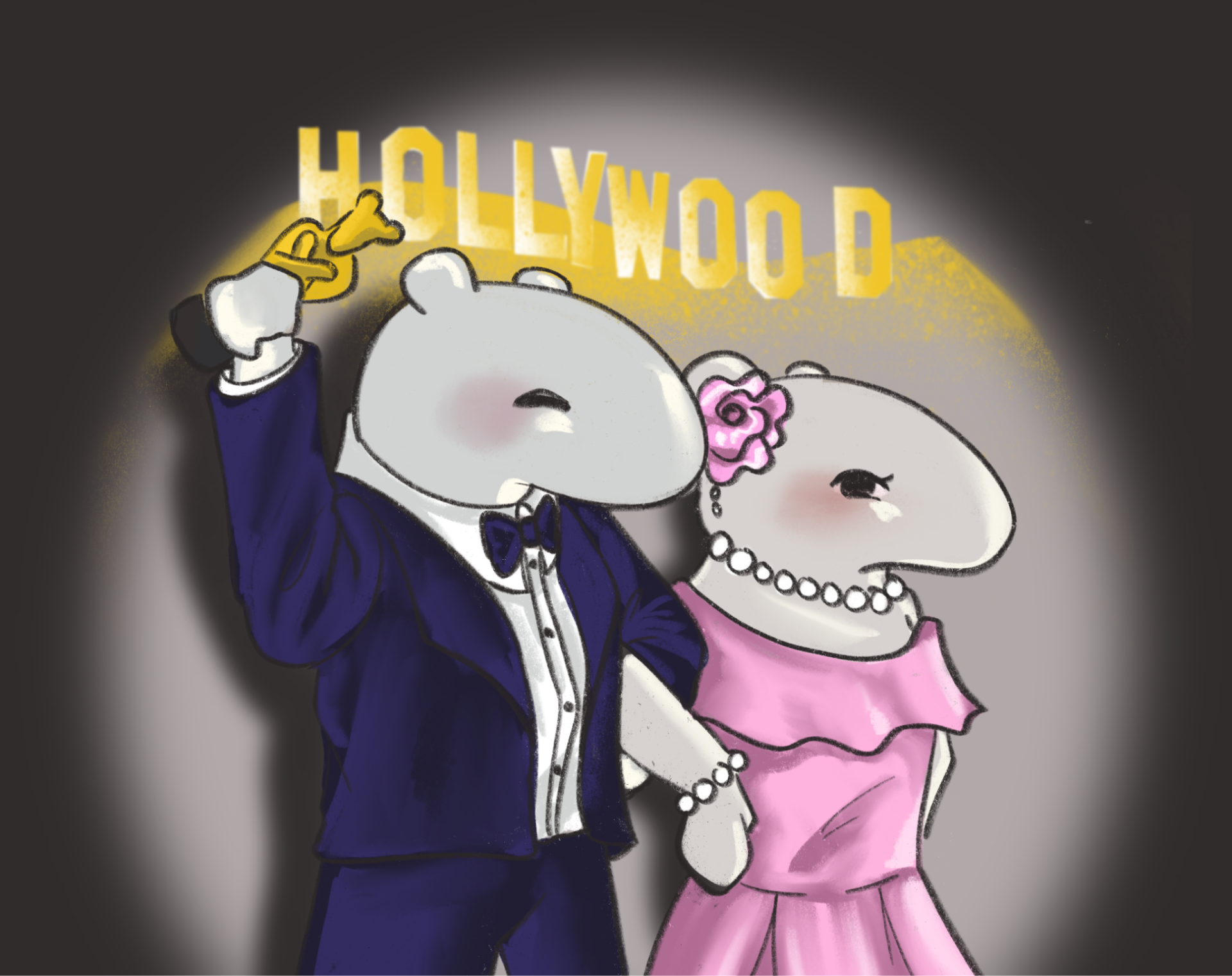 In front of stage lighting and a dark background are an Anteater couple, Peter the Anteater in a dark blue suit, holding up an anteater-like-Oscar award in celebration. While a female anteater is holding his arm, smiling, wearing a pink off-shoulder dress with a pearl necklace and jewelry. Behind them is a yellow font 
