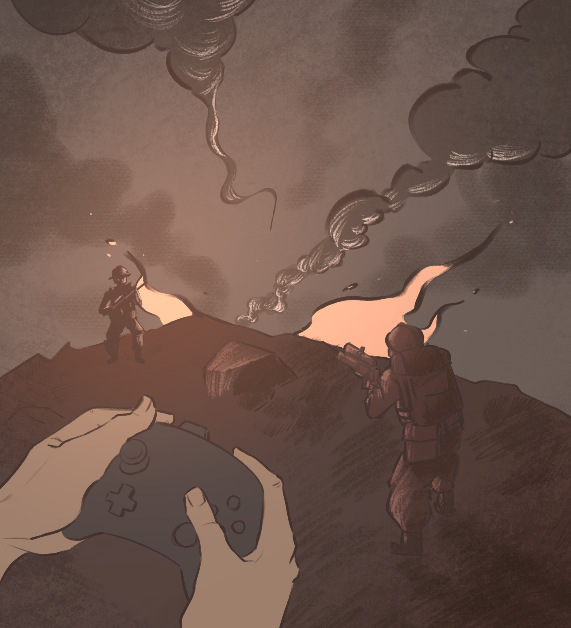Hands hold a gaming console controller in the bottom left corner of the screen. In the rest of the square frame, smoke fills the air above the dark ground. A soldier figure with its back turned towards the camera aims a gun at another human figure in the distance.