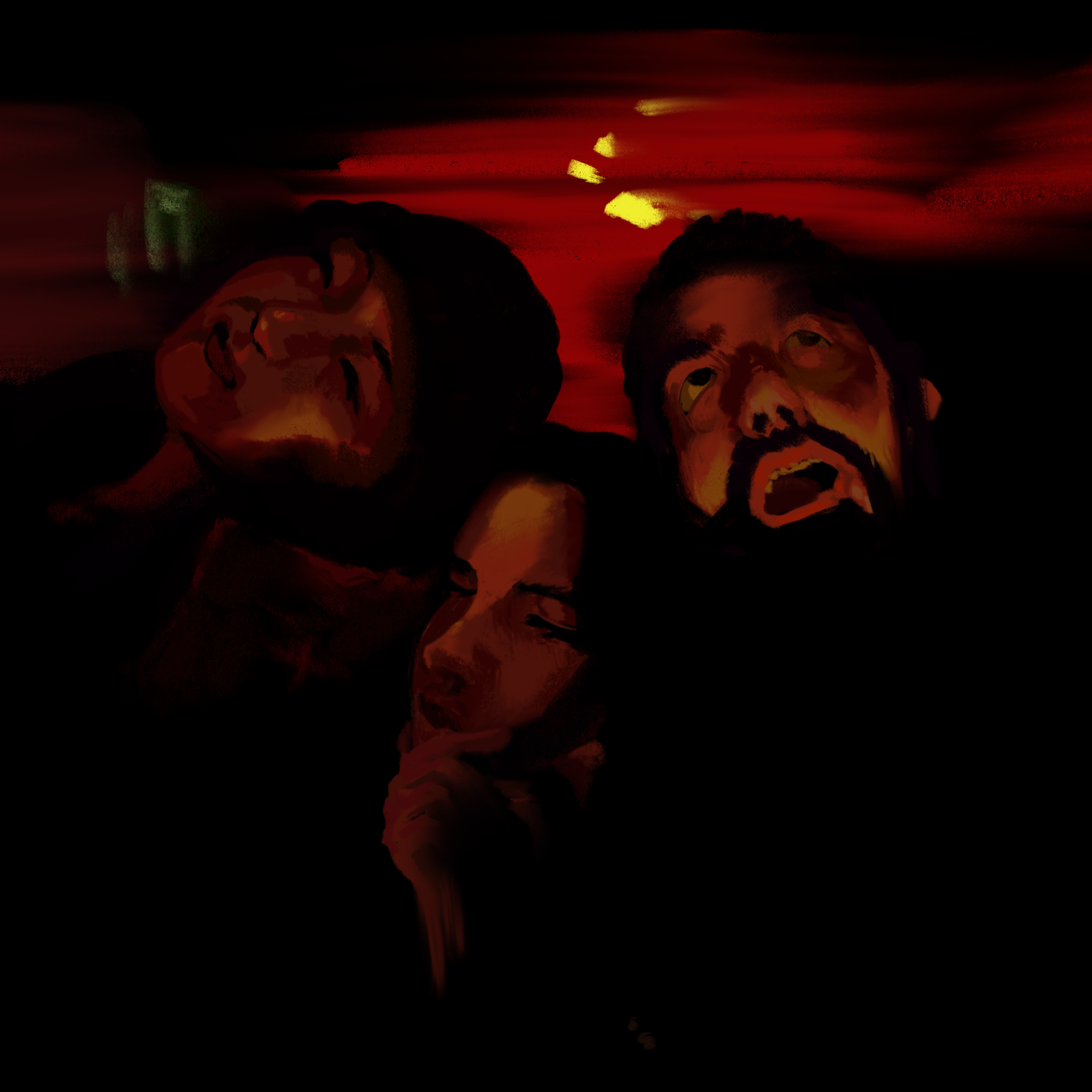 Three people pose for a selfie in low light. The person on the left angles their head to their right and smiles, the person in the right covers their mouth and smiles, and the person on the right rolls their eyes up and opens their mouth — making a funny face.