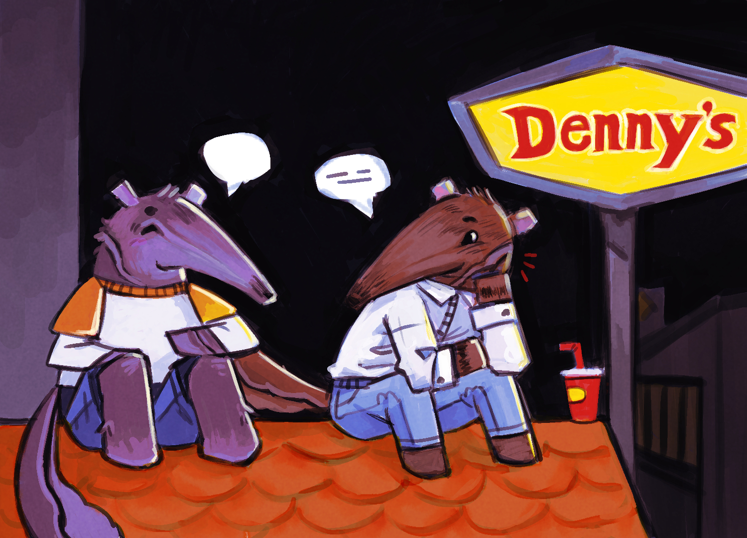 Two anthropomorphic anteaters sit side by side on top of an orange tiled roof. The anteater on the left has purple fur and is smiling with their eyes closed. They are wearing a white shirt with a yellow collar and sleeves with blue shorts. The anteater to the right faces the purple anteater and has warm, brown-colored fur. The are wearing a long, white button-down shirt and blue dress pants. Next to the brown anteater is a red paper cup with a red straw. In the background, a yellow sign with Denny's written in red illuminates them, with the restaurant behind it.
