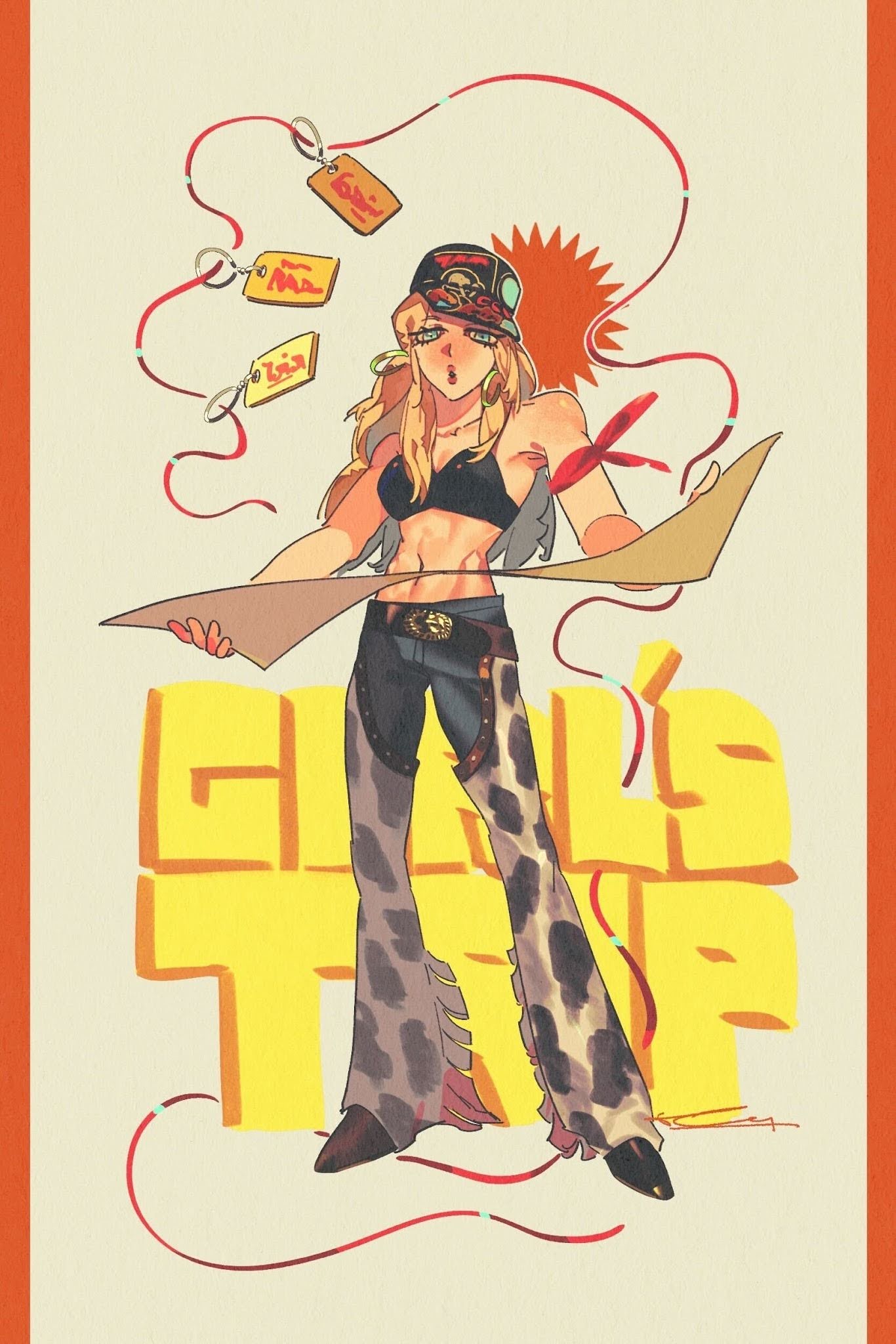 A stylized blonde woman stands in the center wearing a patterned cap, large hoop earrings, a black top and cow-print flared pants. She holds a long unfolded map, while colorful cords and several keychain tags float around her. Large yellow “Girls Trip” text appears behind her on a light background with orange borders.