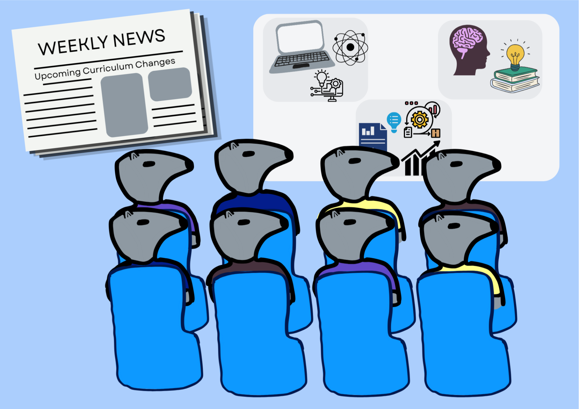 Eight anteaters sitting in a lecture hall in front of a whiteboard with science related images with a newspaper in the top left corner