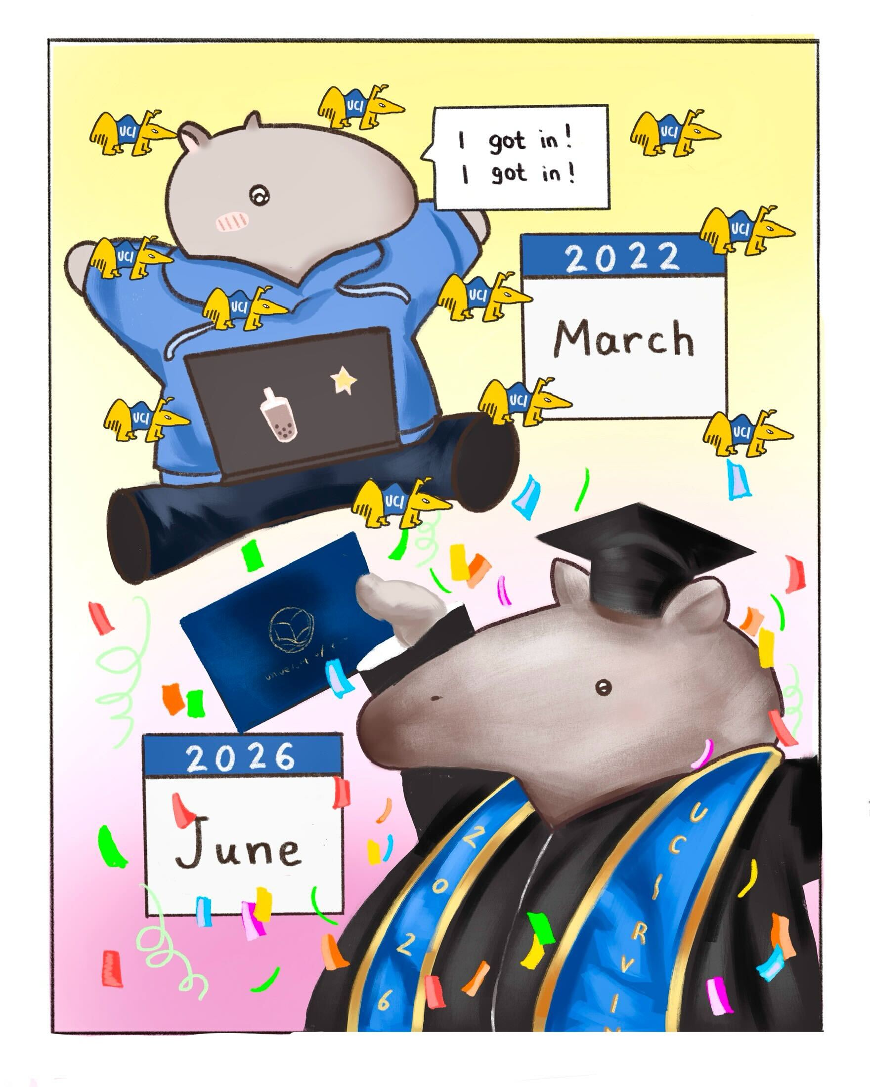 On top, young anteater says “I got in! I got in!” with their laptop. There is signage next to them that says “2022 March.” Below, an older anteater is dressed in UCI graduation regalia while holding a degree up. There is signage next to them that says “2026 June.”