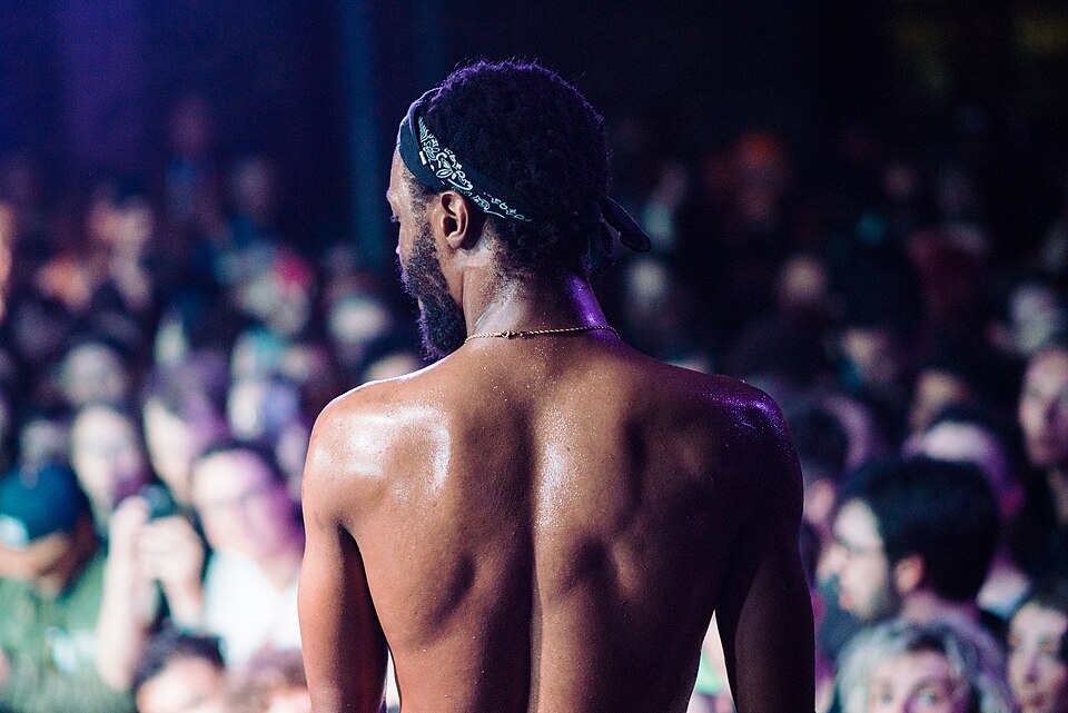 This photo features JPEGMAFIA from the back, wearing a bandana and no shirt. He is it a concert and looking left towards fans in the crowd.