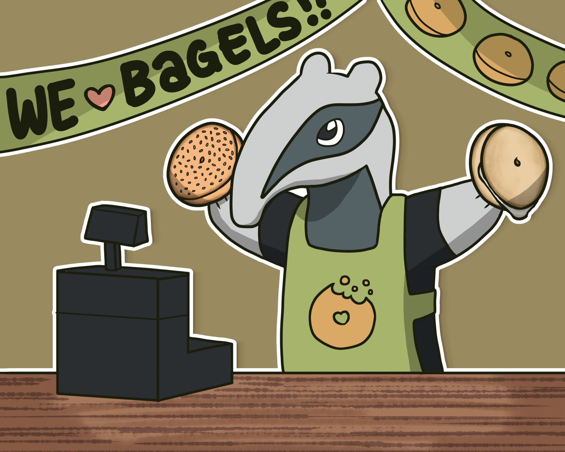 Background is greenish brown. There are two green banners at the top of the image, and one reads 