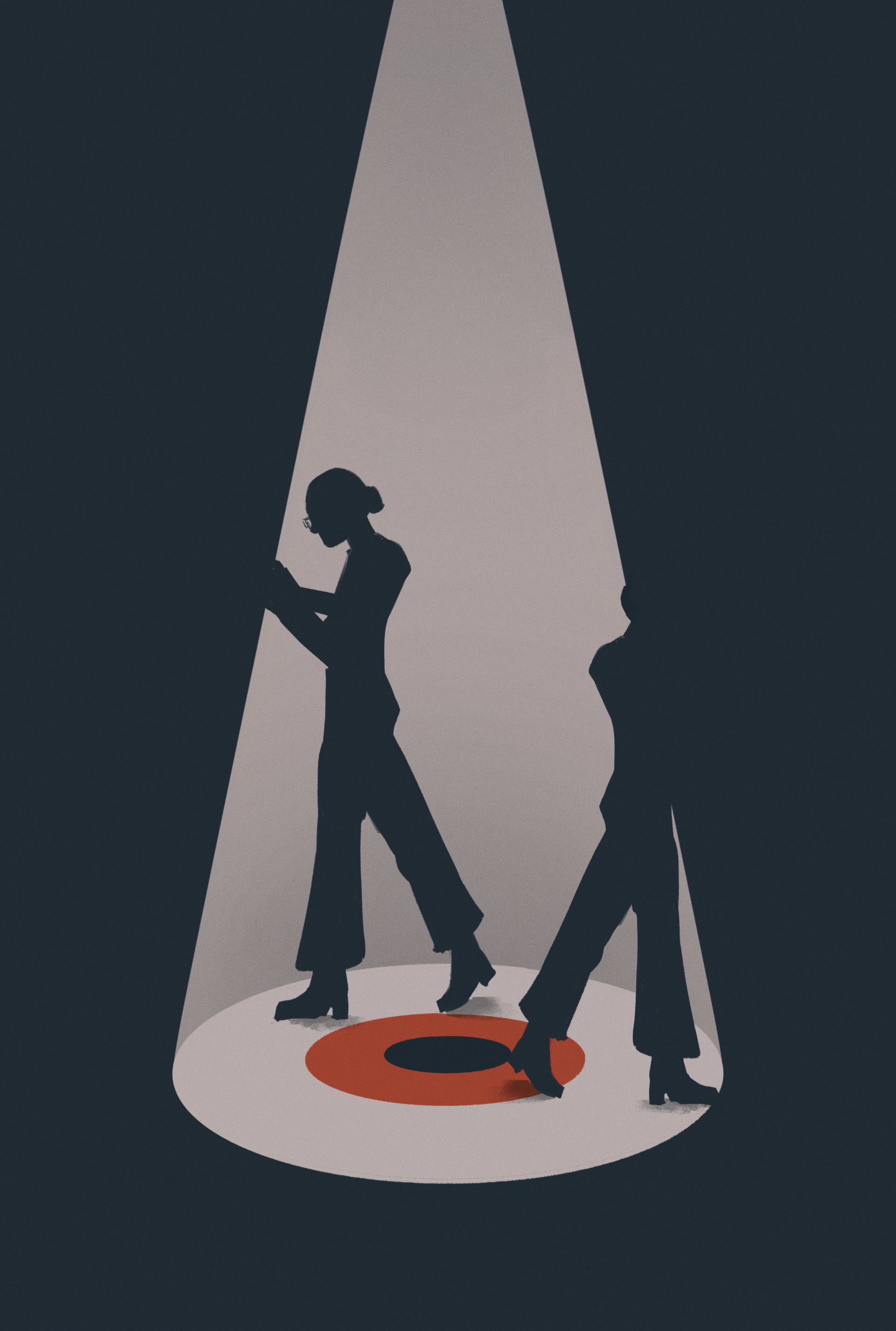 Graphic shows a spotlight shines on a silhouettes of people. A red and black target is drawn on the floor.