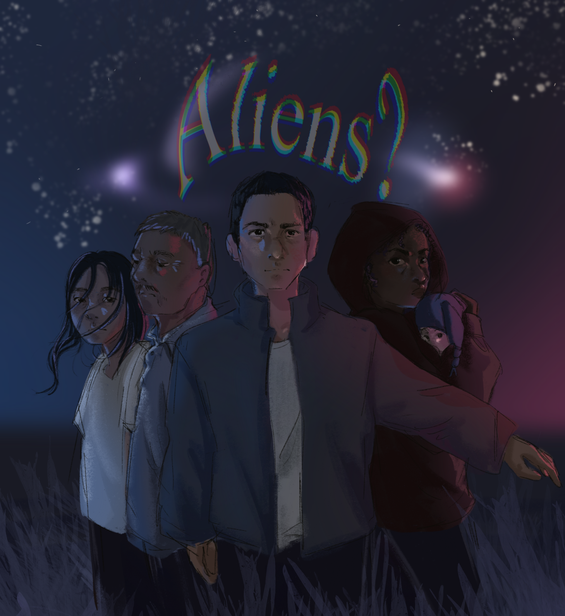 An illustration of five people standing in a field in the dark. A concerned looking man stands at the front with his outstretched arm protecting the other people. There is a faint alien ship shape above them with a glitched, warped text reading “Aliens?” A blue and red glow on opposite sides illuminates the figures.