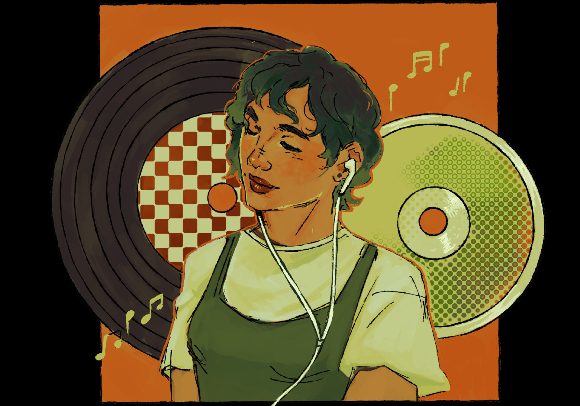 A woman with short, black hair, with green ombre. Her eyes are closed, as she listens to music with her wired earbuds. Behind her, there are two vinyl records spinning, with music notes surrounding her.