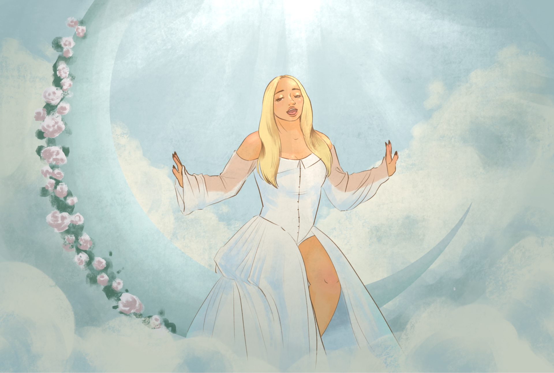 Trisha Paytas wears an off-the-shoulder, long-sleeve white puffy dress as she sings atop a light blue crescent moon spouting white flowers along its edge. Backlit and glowing, she appears to float above the clouds.