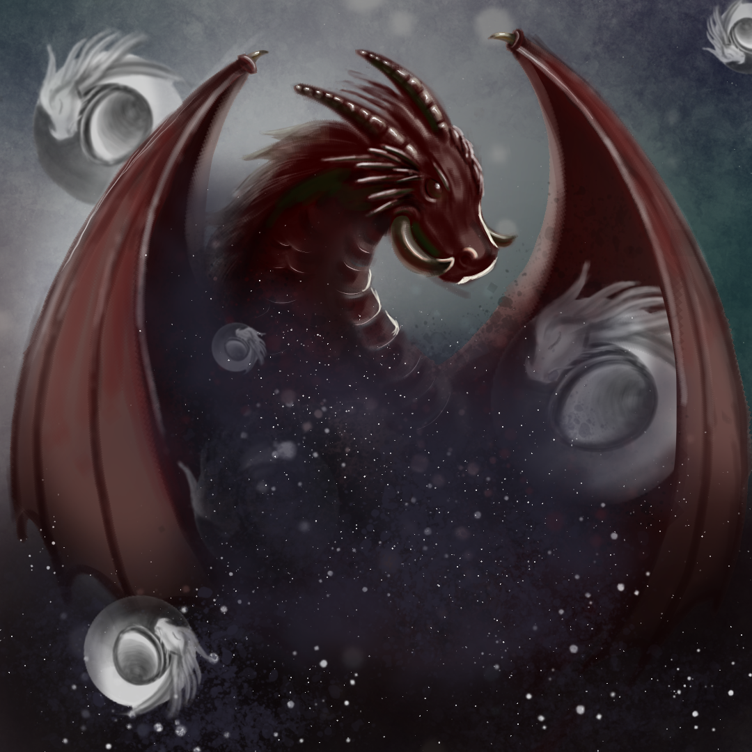 A dark red dragon with its wings half-spread open. Its lower-body is obscured by space and stars. Surrounding the dragon is several moons, all of which are shaped like little dragons curled into balls.