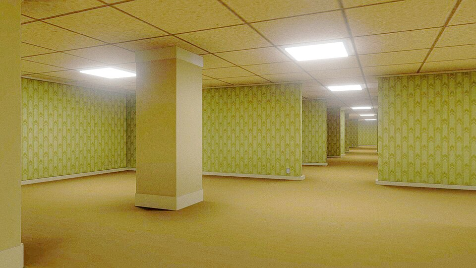 An empty, beige room sectioned off by various walls, with a hallway running through the center.