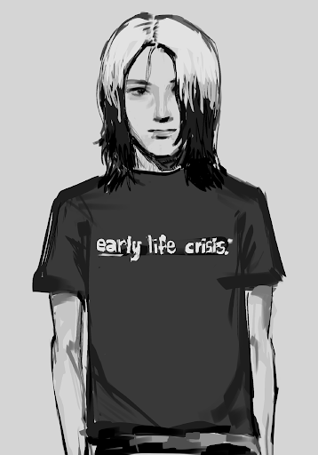 Grayscale drawing of Nettspend wearing a t-shirt which reads, 