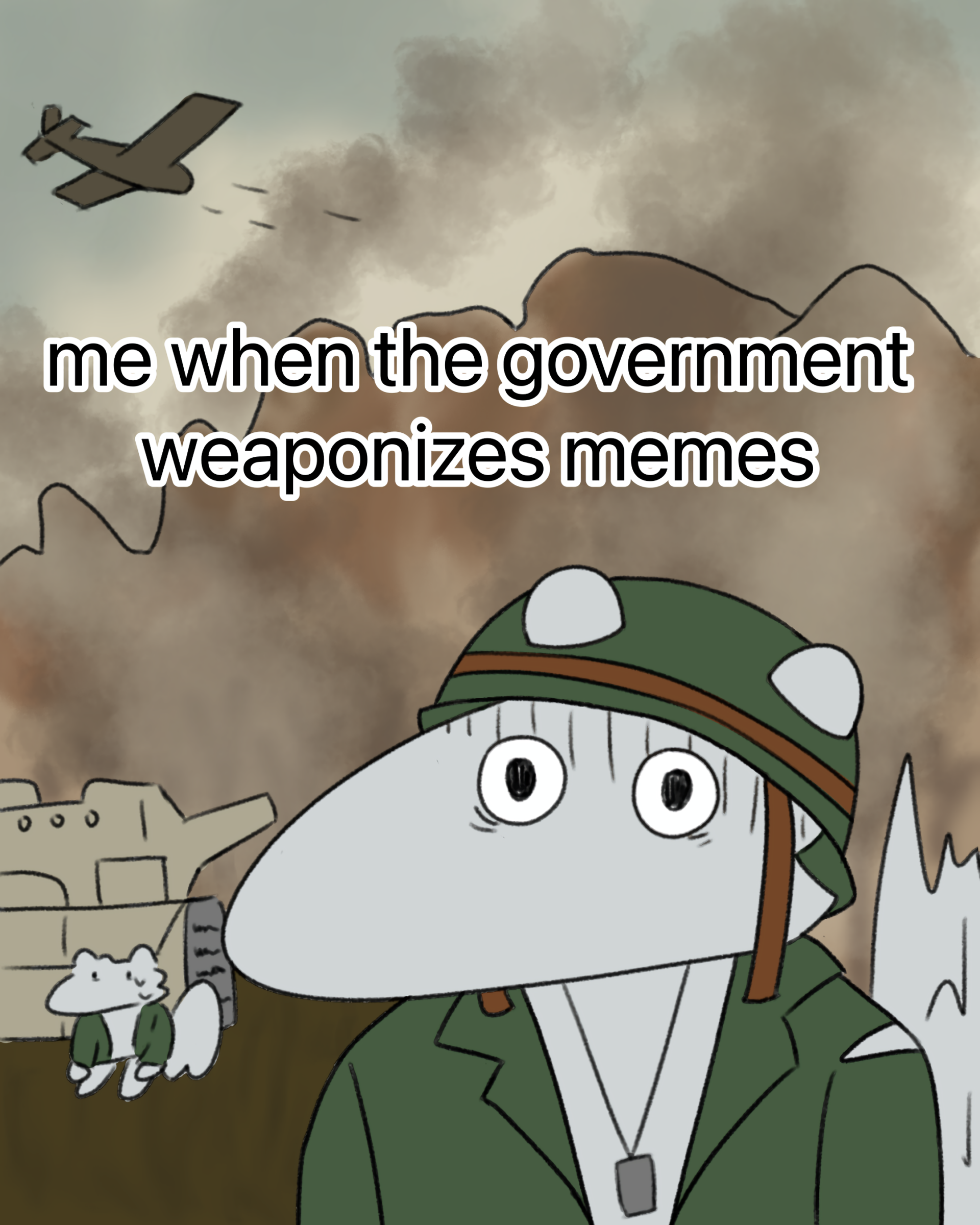 A cartoon anteater in a green soldier uniform stands in front of a battlefield with wide eyes, recreating a meme of a shellshocked soldier. Above the anteater, a caption reads, 