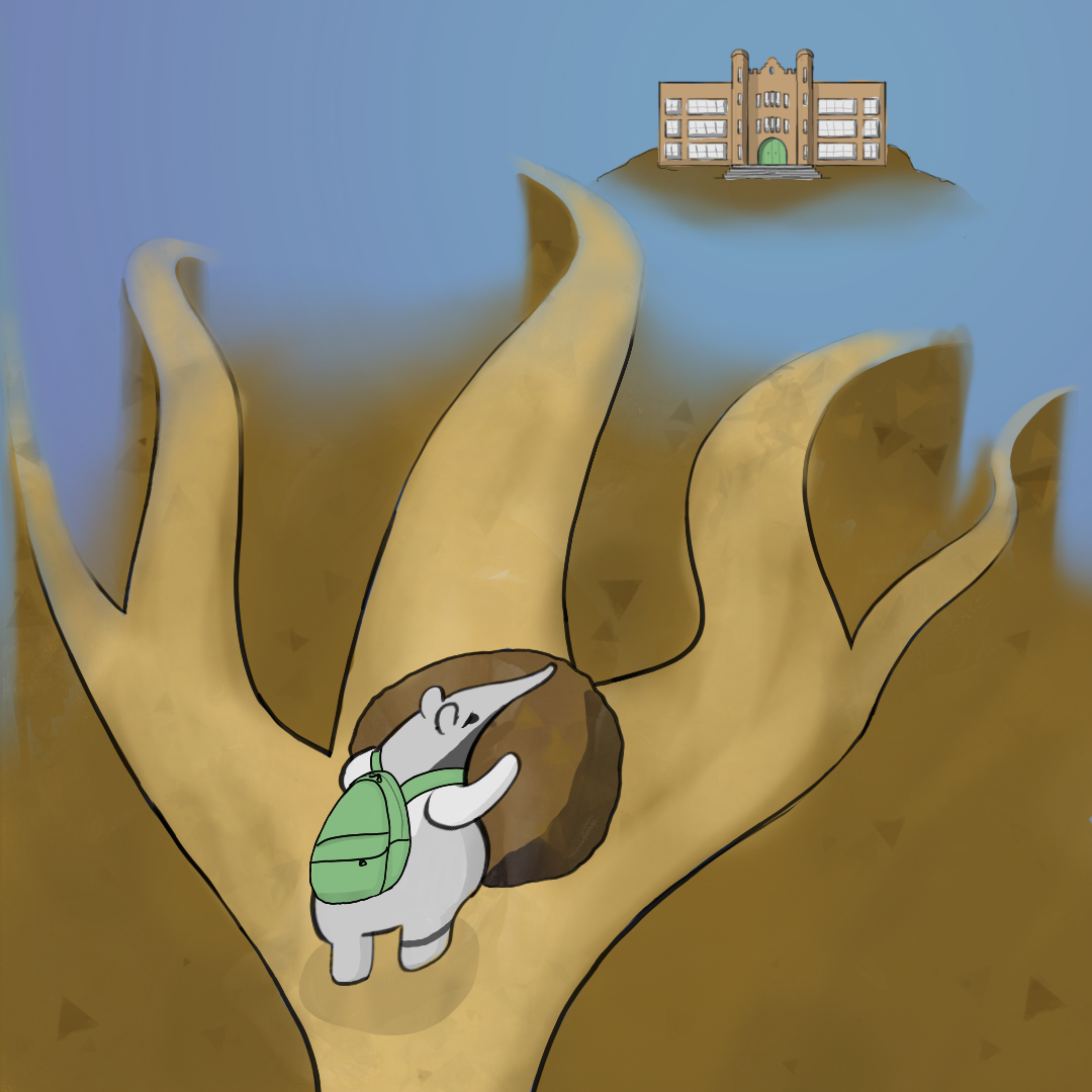 An anthropomorphic anteater with a green backpack faces away from the viewer, pushing a large brown boulder in front of him. There are multiple possible pathways the anteater can take, each one curving into the blurry blue distance. At the end of the right-side paths there is a brown building with gray windows and a green door.