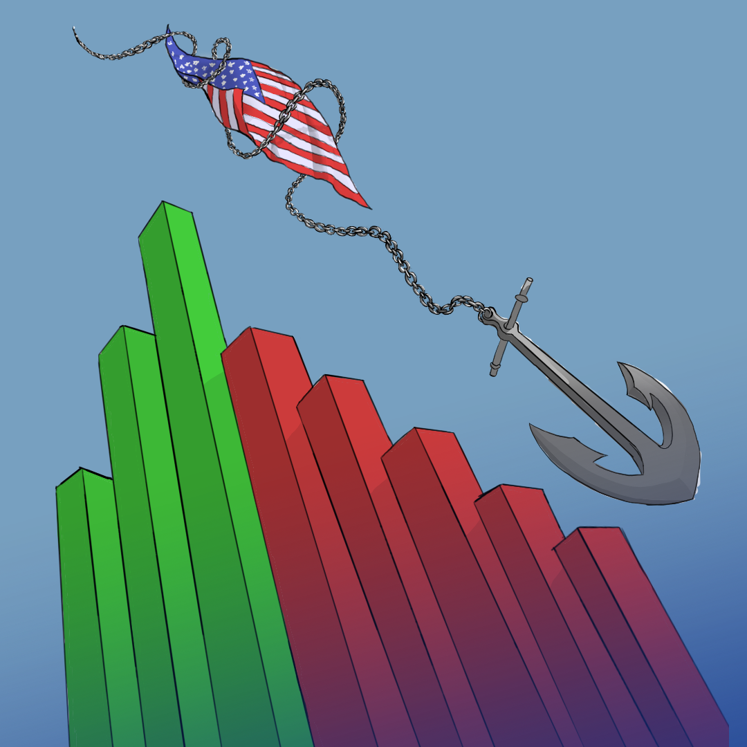 In front of a pale blue background, an American flag is wrapped in the chain of a ship anchor. The anchor pulls the flag down through the air, past a series of columns. The left-side columns are bright green and tall, while the column on the right are red and decreasing in height.