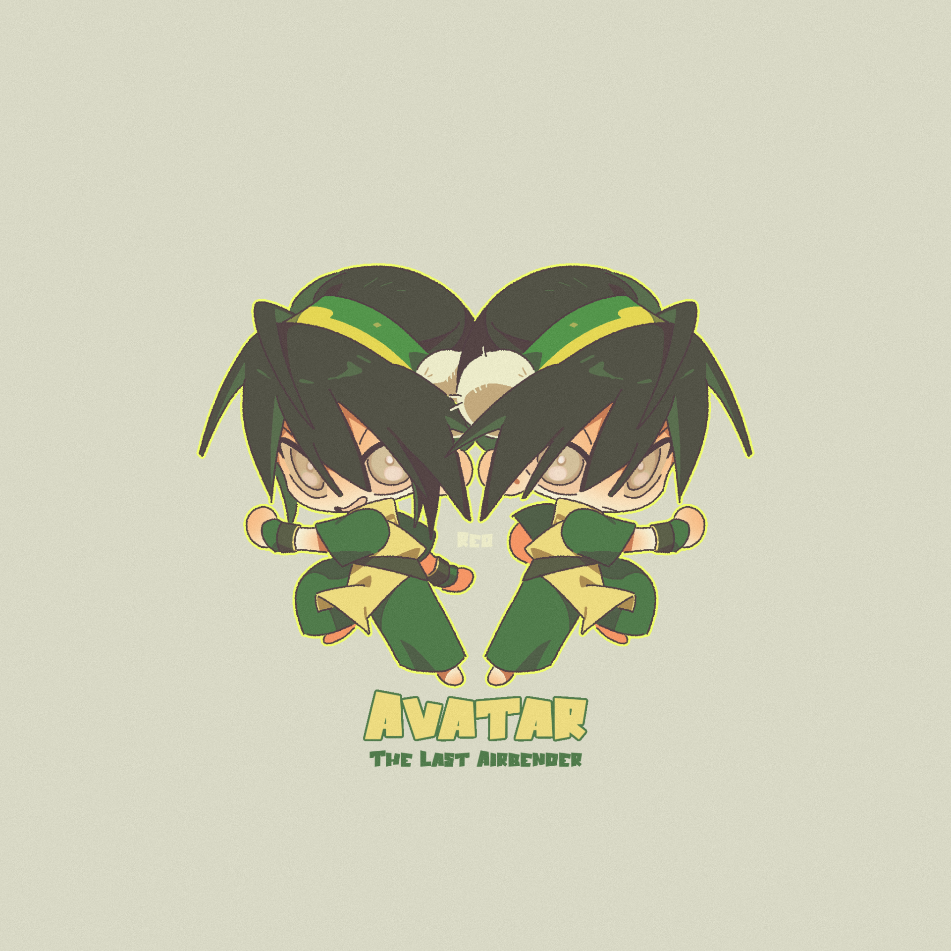 Two chibi-style versions of Toph face outward in mirrored fighting poses against a light background. The figure on the left represents the live-action version, and the figure on the right represents the original animated version. Both wear green Earth Kingdom-inspired outfits, and the words “Avatar: The Last Airbender” appear below them.