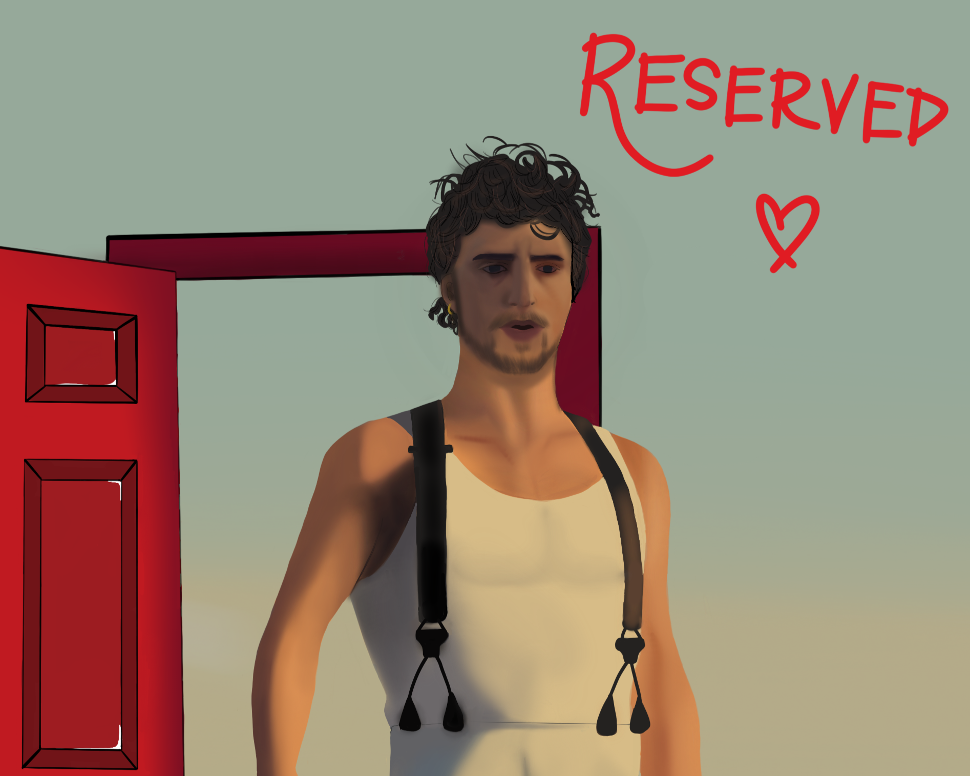 A semi-realistic illustration of artist Benson Boone wearing a white tank top, white trousers and black suspenders. He stands with a dazed expression in front of a red door on the left side of the image. The background features a green-to-yellow gradient sky. In the top right corner, the word reserved appears next to a heart icon.