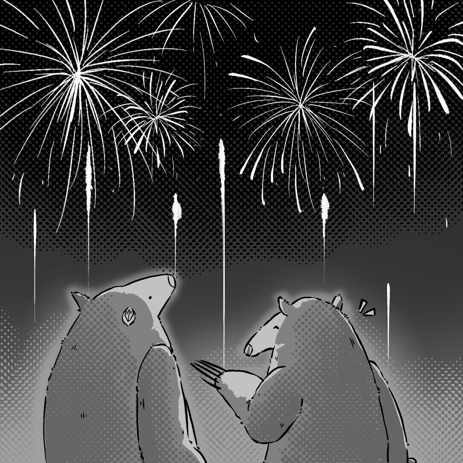 A black and white drawing of two anteaters chatting while looking up at fireworks.
