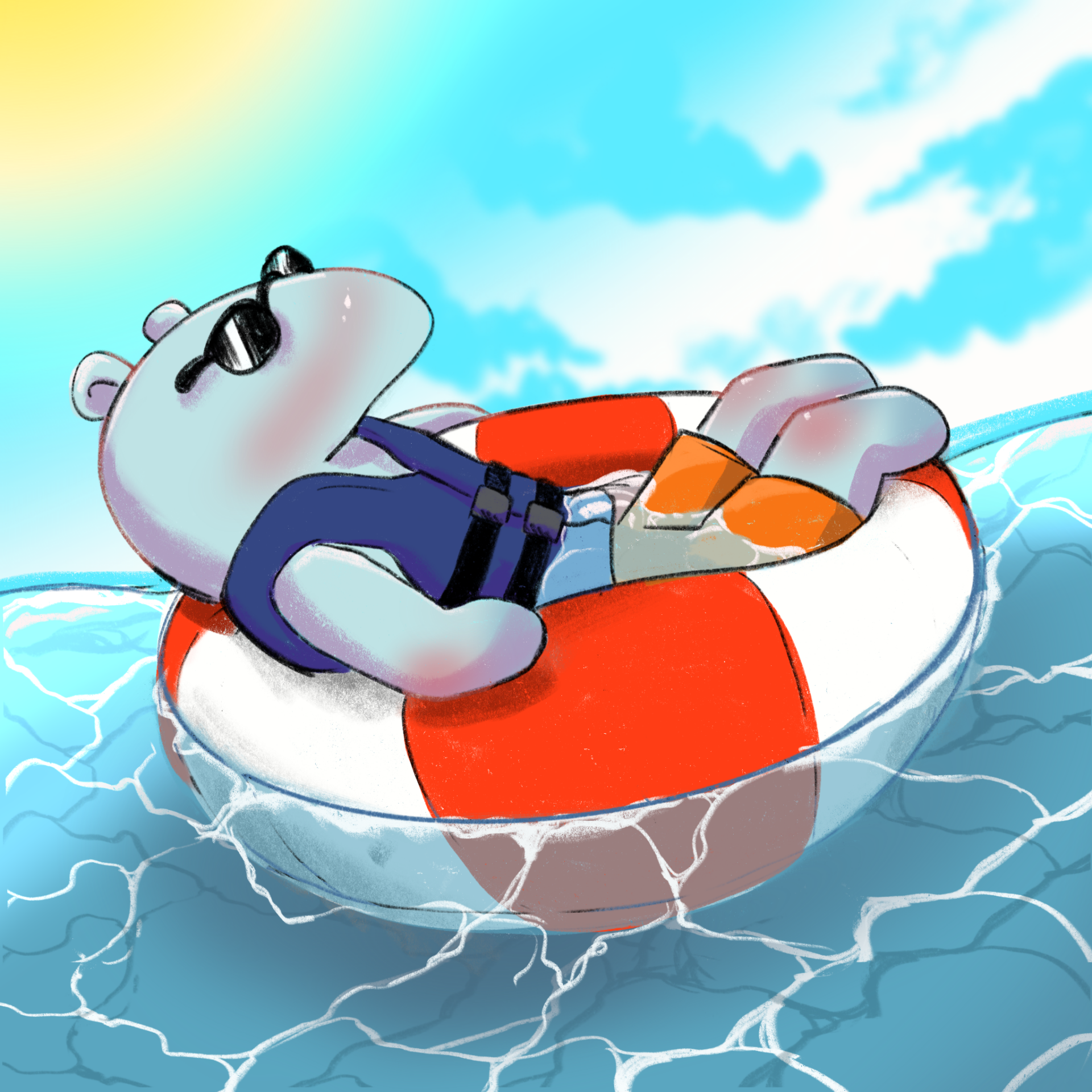 A cartoon drawing of Peter the Anteater wearing sunglasses relaxing in a white and red donut floatie. He wears a blue life vest and orange shorts and is in the reflecting water. The background is a bright blue sky with clouds and a beaming yellow sun in the left corner.