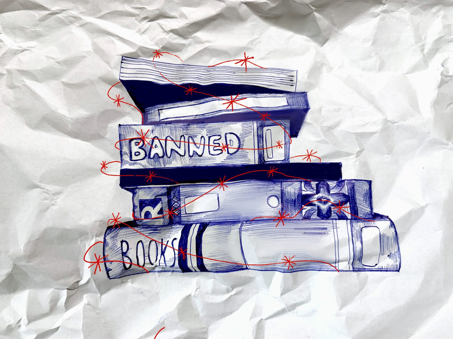 On a white, crumpled piece of paper there is a blue pen illustration of five hardcover books stacked in a pile. The spines are facing the viewer, with the words 