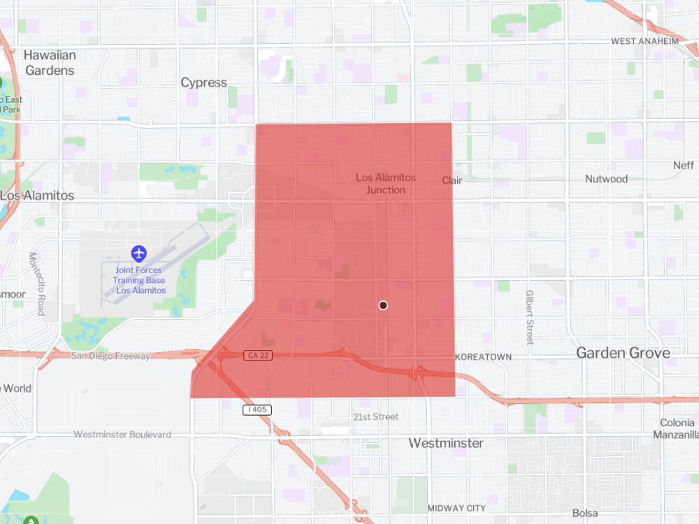 A map highlighting the affected area in red around Los Alamitos Junction, extending south past the CA-22 highway toward Westminster.