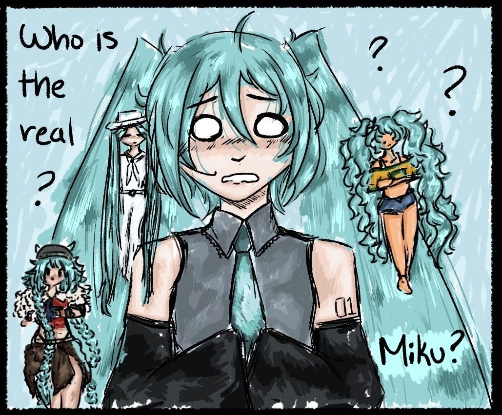 A girl in a sleeveless gray top with teal pigtails and tie looks overwhelmed as she's surrounded by versions of Brazilian, Norwegian and other versions of herself.