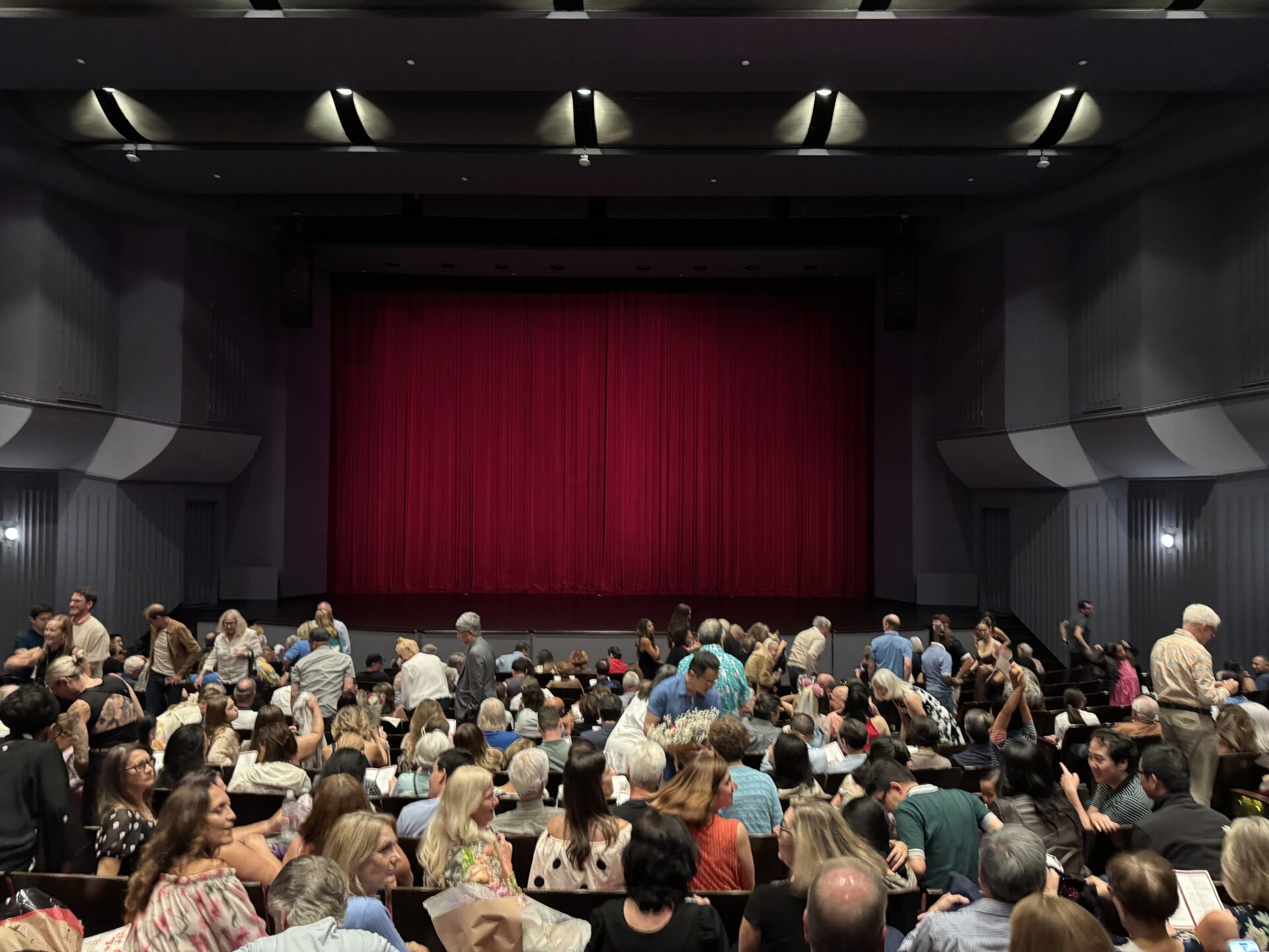 Audience members in the foreground find their seats in a large theater.