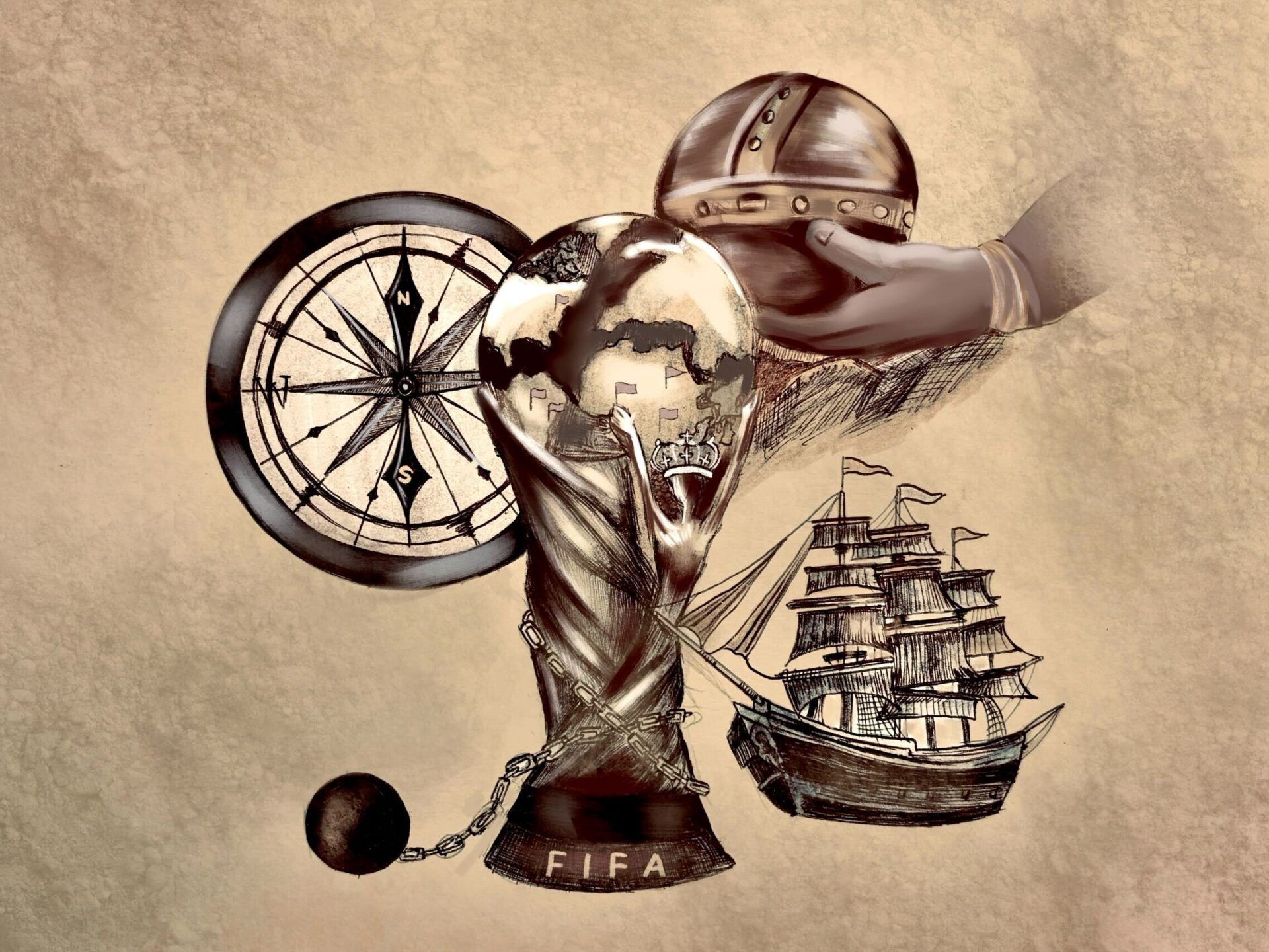 A sepia drawing of the FIFA World Cup trophy with a ball and chain wrapped around its base. Behind it lays a compass on the left and The Sovereign's Orb on the right, while in front of it there is an old ship.