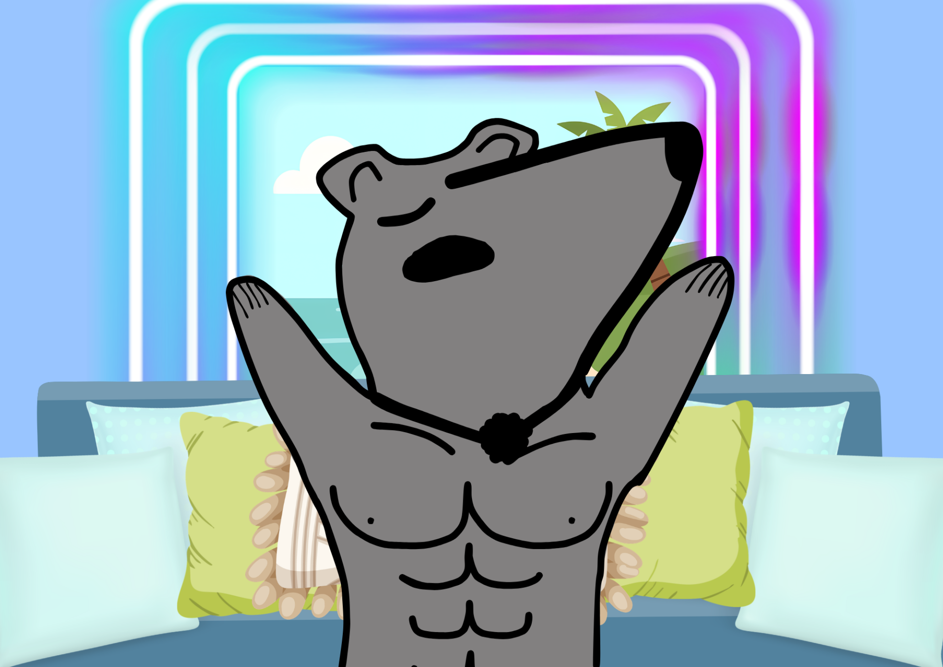 A gray anteater with abs sits with his arm raised in front of a neon archway and light blue couch.