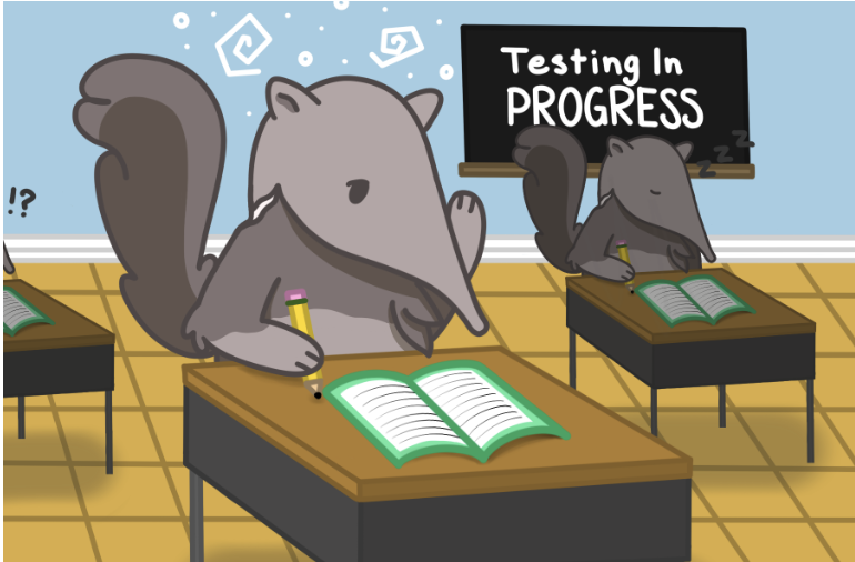 A cartoon anteater looks confused while writing in a green book at a classroom desk. Another anteater sleeps at a nearby desk and a chalkboard behind them reads testing in progress.