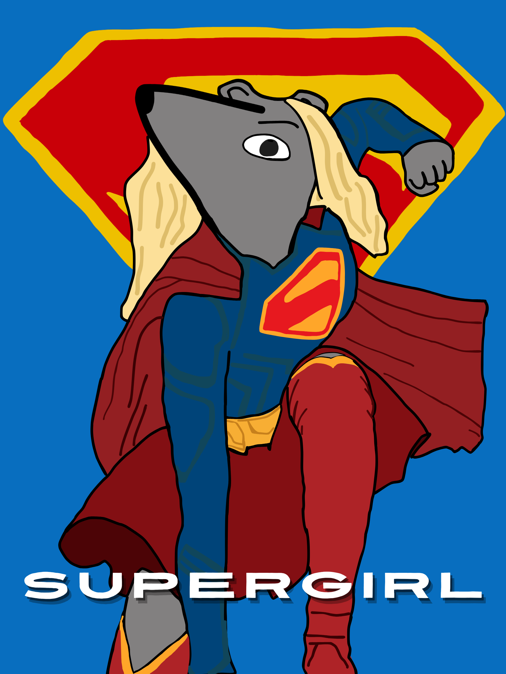 An anthropomorphic anteater dressed as Supergirl in her suit and cape, posing with one hand on the ground and another drawn back in a fist. The Supergirl ‘S’ logo is behind her and the title “Supergirl” at her feet.