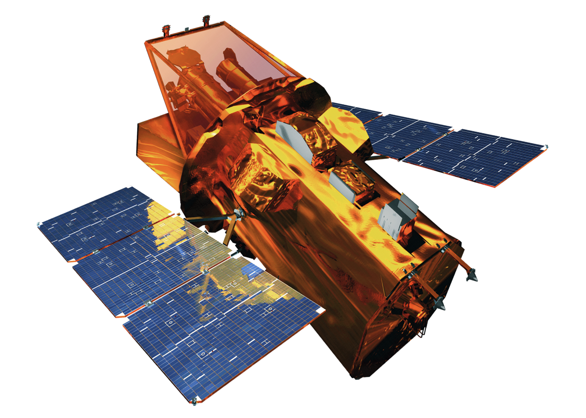 A 3D rendering of NASA's Neil Gehrels Swift Observatory space telescope, showing its metallic gold-foil body and deployed blue solar panel wings.
