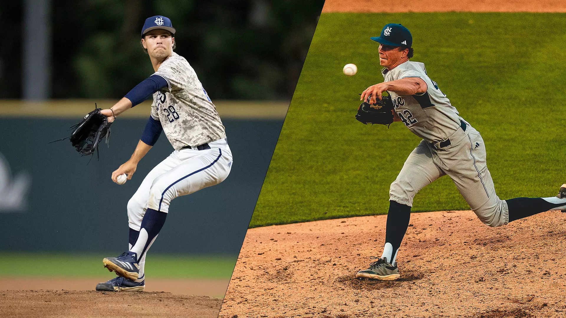 One pitcher winds up and aims before releasing; while another hurls a pitch home