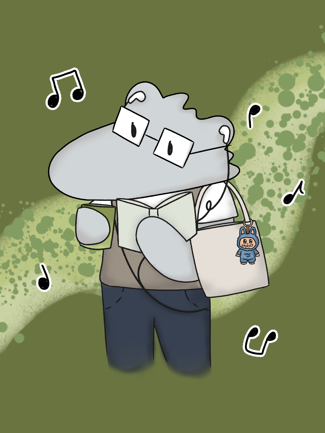 An anthropomorphic anteater stands in front of a sage green background with a splotchy light green design behind them. The anteater is wearing square frame glasses, a white t-shirt with a brown vest over it, and jeans. They are holding a matcha, wearing wired headphones, reading a book, and carrying a tote bag with a Labubu hanging off of it. Musical note designs surround the anteater.