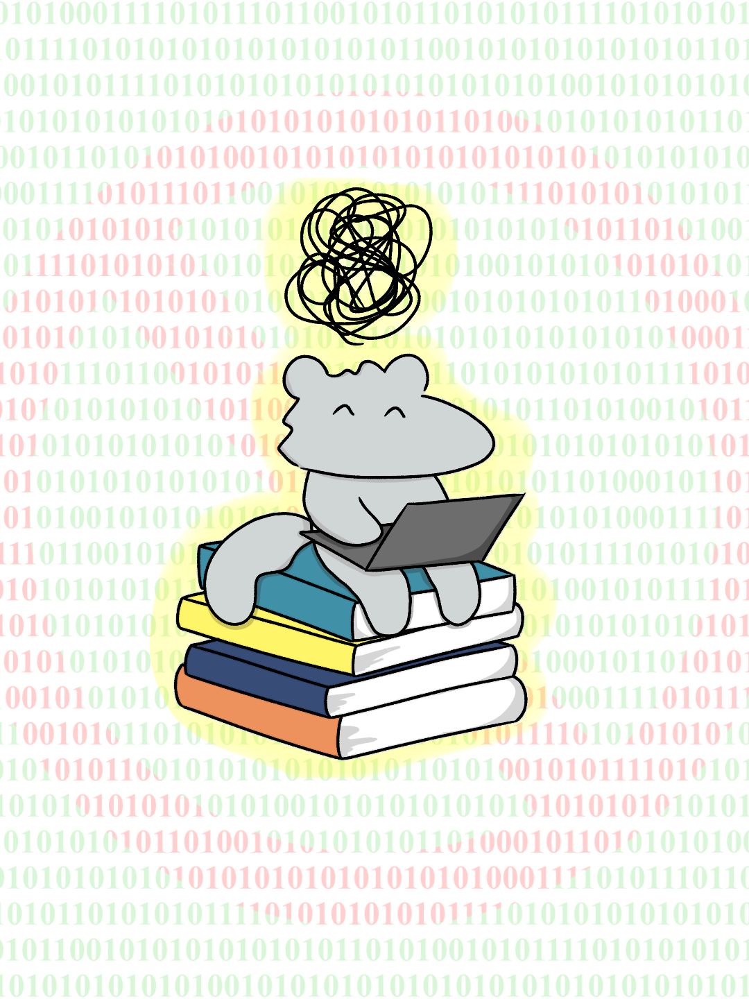 An anthropomorphic anteater sits on top of a pile of multicolored books, holding a computer in its lap. A black scribble sits above the anteater's head, but it has a happy expression and glows light yellow. The background is made up of light green binary code, with a crossed out circle created by red numbers.