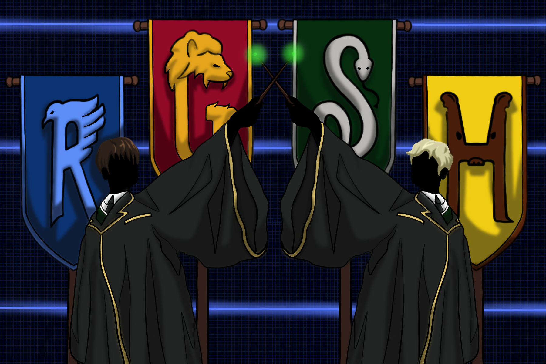 A digital cartoon illustration of two Hogwarts students viewed from behind as they face one another and cross their glowing wands. Their wands emit a magical green light at the tip. The student on the left has short brown hair, representing Albus Potter, while the student on the right has short blond hair, representing Scorpius Malfoy. Both wear black Hogwarts robes with gold trim over white shirts, ties, and green sweater vests. Behind them hang the four Hogwarts house banners. From left to right, Ravenclaw is blue with a bird forming the letter R. Gryffindor is red with gold trim and a lion forming the letter G. Slytherin is green with silver trim and a snake forming the letter S. And Hufflepuff is yellow with a badger forming the letter H. The dark blue background features horizontal glowing blue lines, emphasizing the magical atmosphere.