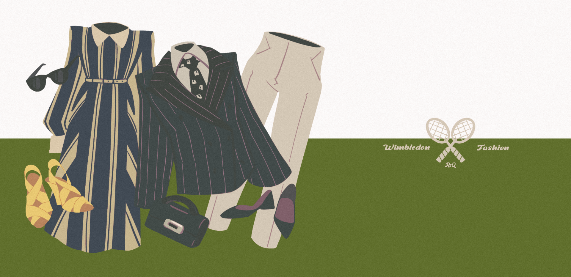 A striped grey dress, yellow heels, grey pinstripe blazer, beige pants, black heels, and a black handbag or set upon a white and green background with a white tennis racket on the right side.