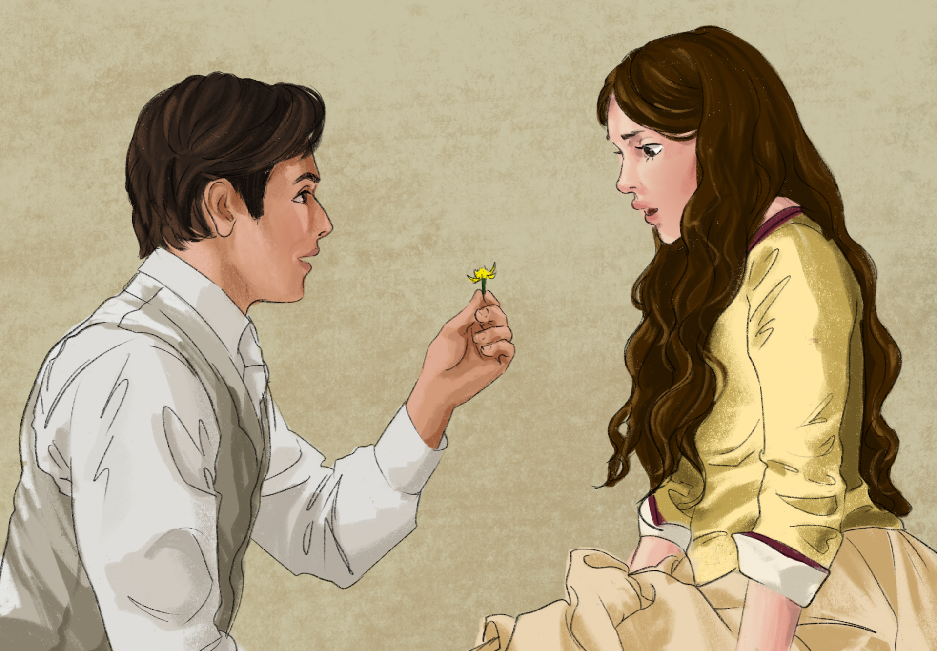 A drawing of a scene from Enola Holmes 3. A shocked Enola Holmes being proposed by Tewksbury as he holds a yellow flower. Enola Holmes is wearing a yellow long sleeve shirt with a beige dress while Tewksbury is wearing a gray suit with white tie. The background is a textured pale beige color.