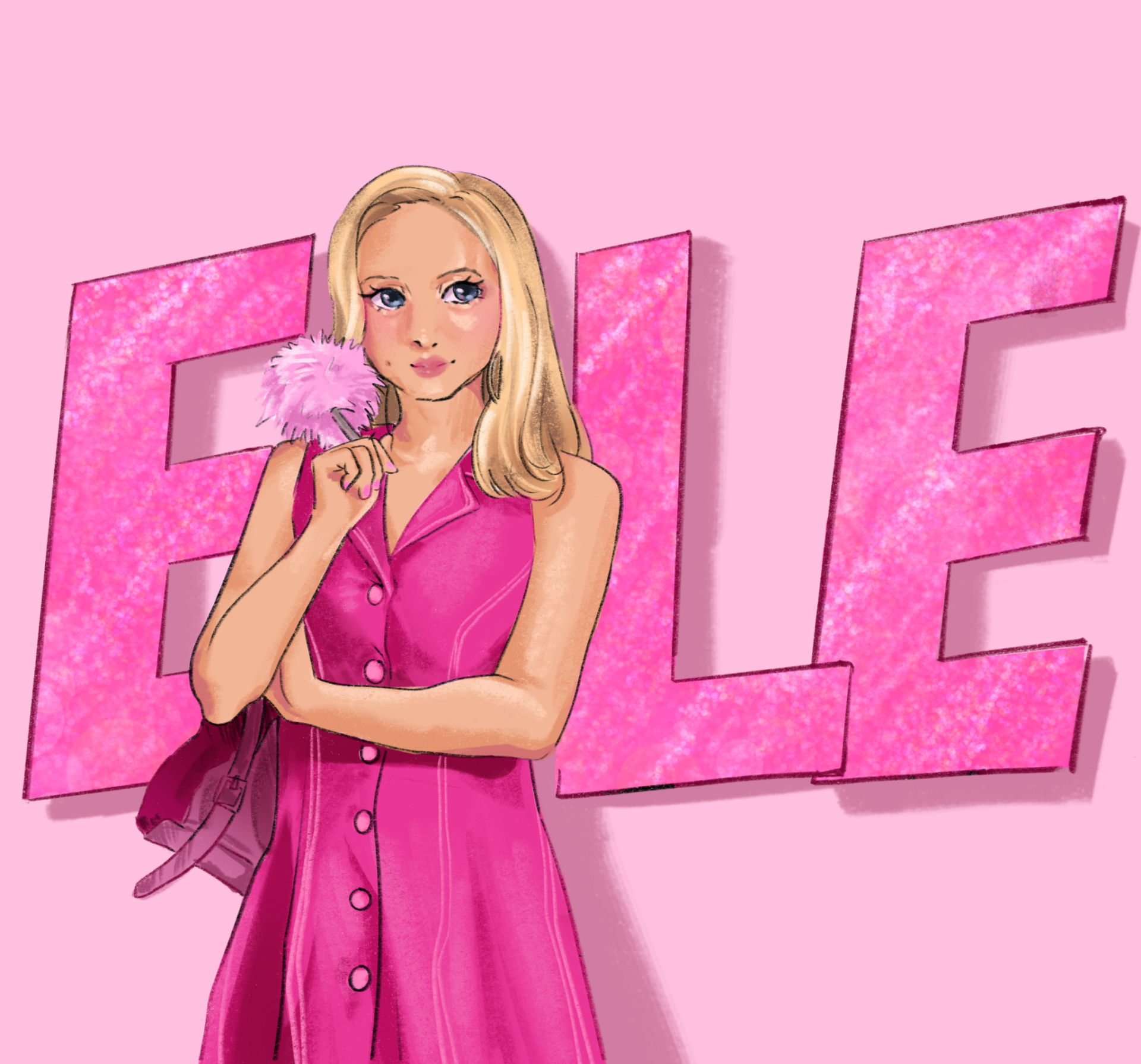 Cartoon drawing of Elle Woods wearing a long hot pink dress while holding a pastel pink fuzzy pen. Looking to the side with her bright blue eyes and blonde hair, the word 