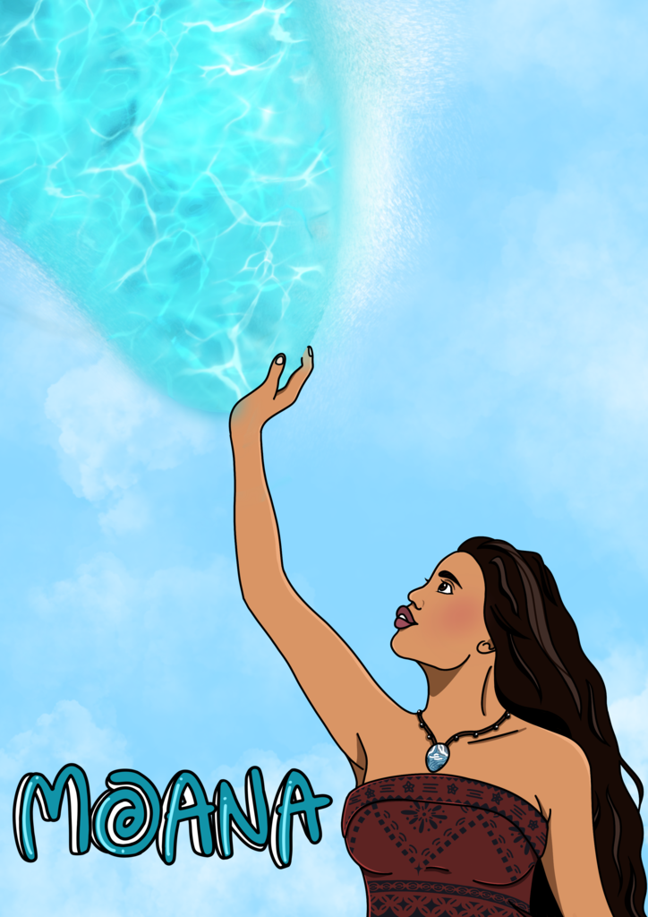 A cartoon illustration of Moana is shown from the waist up on the right side of the image. She stares in awe and has her hand on a turquoise wave, as if gently petting it. She wears a dark red patterned tube top and a blue pendant necklace. To her left, her name appears in medium blue bubble letters. The background is a light blue sky with faint clouds.