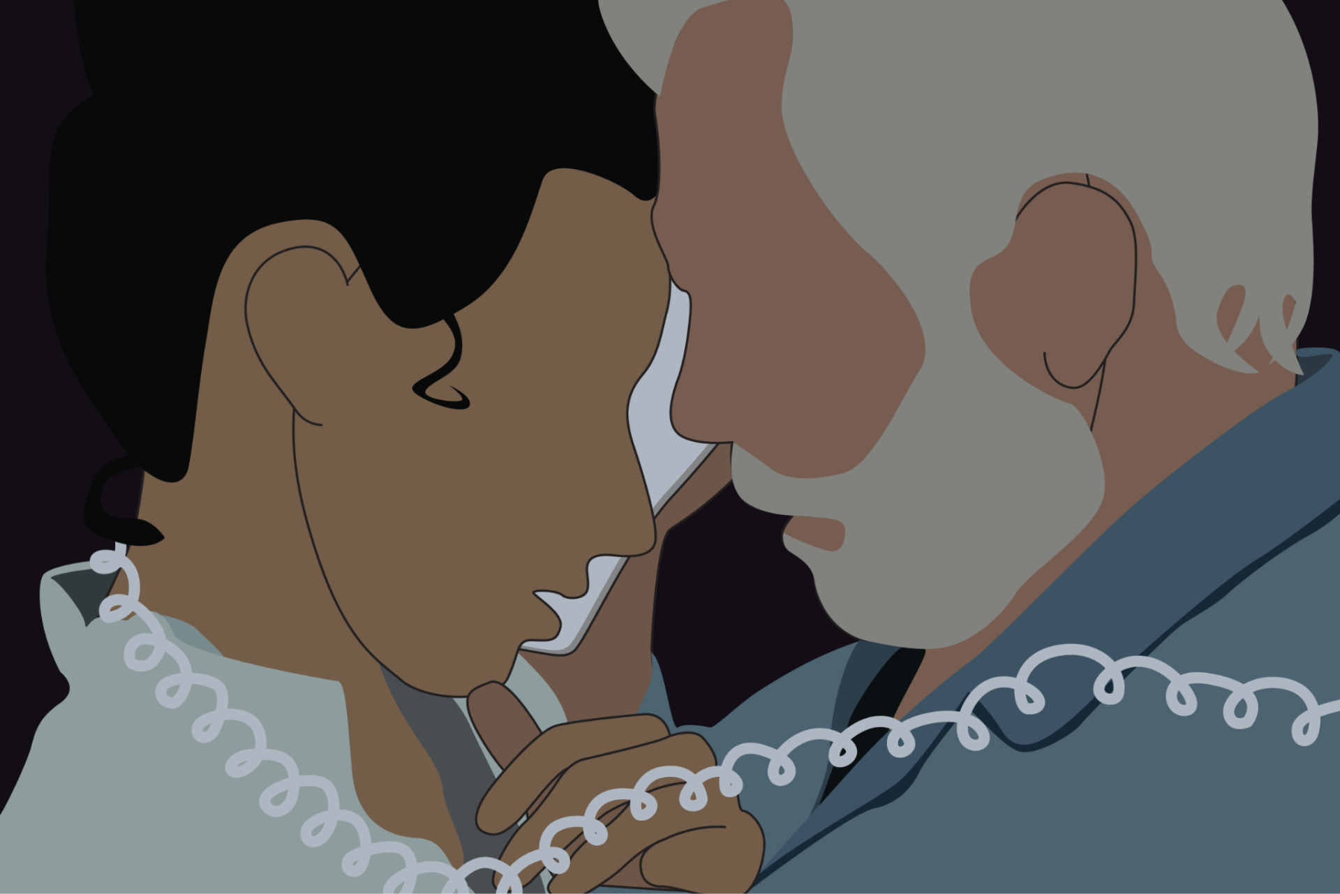 A graphic illustration of a young woman and an older man touching foreheads, with a telephone cord wrapped around them. They are seen by their side profiles. The woman has dark hair, and the man has white hair and a beard.