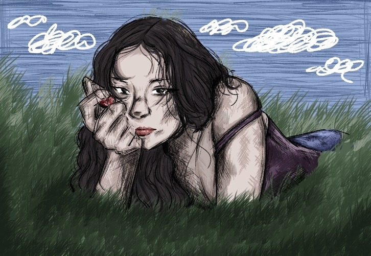 A graphic illustration of Charli XCX laying down on her stomach in long grass, under a blue sky with clouds. Her left hand is laid in front of her in the grass, while the other holds her face, supporting it with a strawberry in hand as she looks forward.