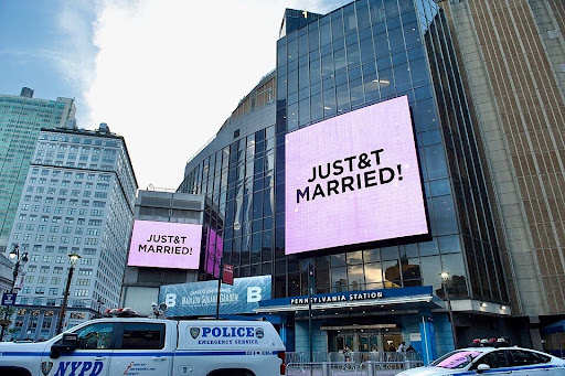 Message on video screen outside Madison Square Garden in New York City on July 3 announcing the marriage of Taylor Swift and Travis Kelce displaying 
