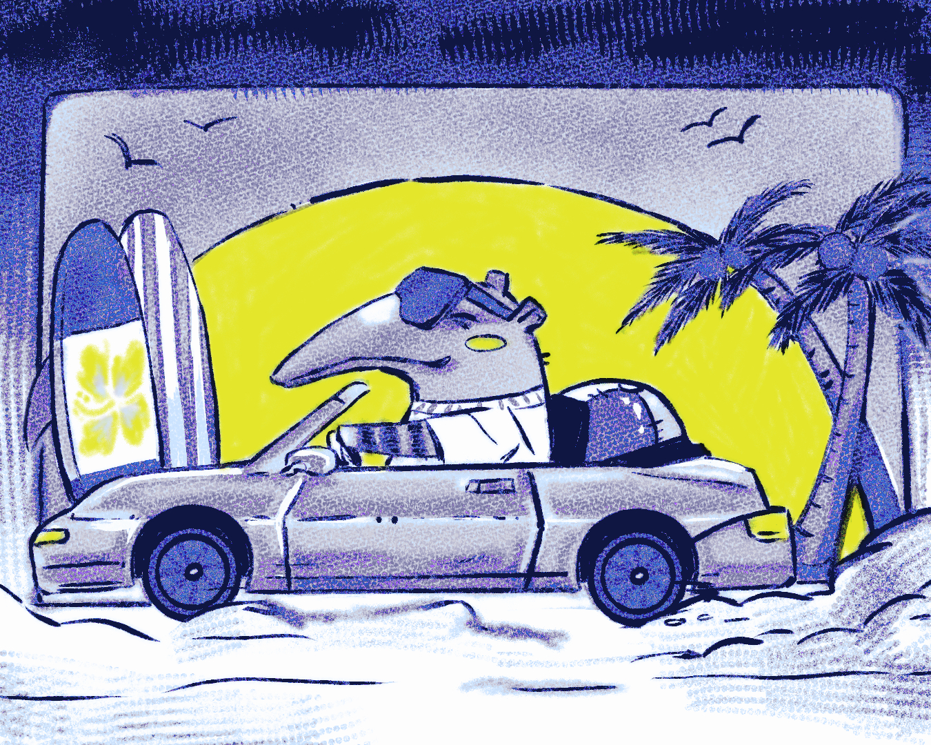 A cartoon of an anthropomorphic anteater wearing sunglasses and driving a convertible car while the sun sets behind him.